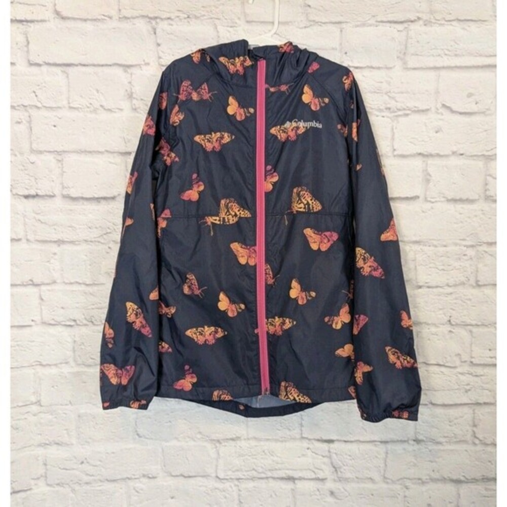 Columbia Girls Hooded Windbreaker M 10/12 Navy Pink Butterfly Zip Up Jacket